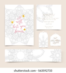 wedding invitation card or Valentines day designs set with vintage ornamental elements, borders, dividers, headers and frame templates. Retro flowers