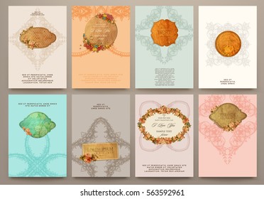 wedding invitation card or Valentines day designs set with vintage ornamental elements, borders, dividers, headers and frame templates. Retro flowers