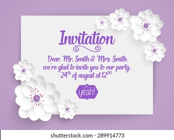 Wedding invitation card. Vector invitation card with abstract background and elegant frame with text decorated with 3d flowers.