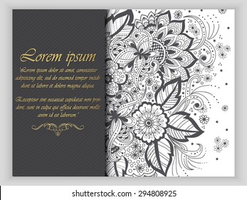 Wedding invitation card with vector abstract floral elements in Indian mehndi style. Abstract henna floral vector illustration. Colorful design element.