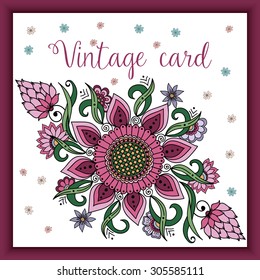 Wedding invitation card with vector abstract floral elements in Indian mehndi style. Abstract henna floral vector illustration. Colorful design element.