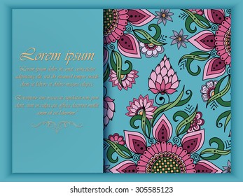 Wedding invitation card with vector abstract floral elements in Indian mehndi style. Abstract henna floral vector illustration. Colorful design element.