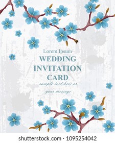 Wedding invitation card Vector. Blue spring flowers. Beautiful vertical floral frame 3d backgrounds