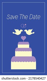 wedding invitation card. vector blue invitation with cake, pigeons and rings. save the date