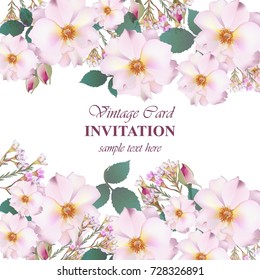 Wedding Invitation Card vector. Delicate rose and lavender flowers. Primrose pink color