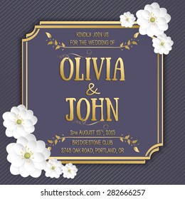 Wedding invitation card. Vector invitation card with elegant frame with text decorated with 3d flowers.