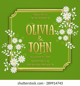 Wedding invitation card. Vector invitation card with elegant green background frame with text decorated with 3d flowers.