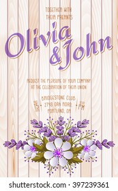 Wedding invitation card. Vector invitation card with elegant flower elements with text on wood background. Beautiful templates for invitation, gift or greeting card design.