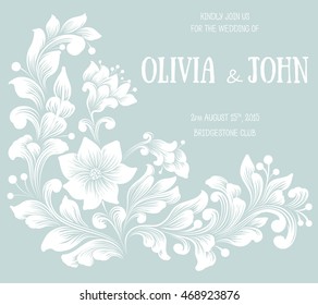 Wedding invitation card. Vector invitation card with elegant text and floral ornament. Hand drawn floral element with leaves and flowers. Exquisite invitation or wedding card for you.