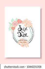 Wedding invitation card. Vector floral romantic template on wedding theme with gentle elegant pastel flowers and branches.