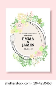 Wedding invitation card. Vector floral romantic template on wedding theme with gentle elegant pastel flowers and branches.