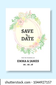 Wedding invitation card. Vector floral romantic template on wedding theme with gentle elegant pastel flowers and branches.