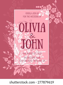 Wedding invitation card. Vector invitation card with floral elements on the background and elegant frame with text. 