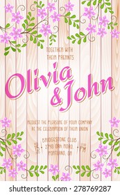 Wedding invitation card. Vector invitation card with floral elements on the wood background and elegant frame with text. 
