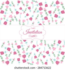 Wedding invitation card. Vector invitation card with floral elements and elegant frame with text.