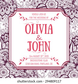 Wedding invitation card. Vector invitation card with floral elements on the background and elegant frame with text. 