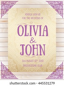 Wedding invitation card. Vector invitation card with floral elements on the wood background and elegant frame with text.