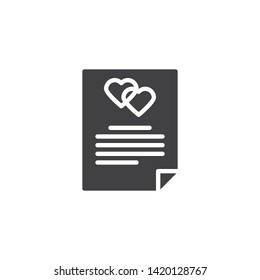 Wedding invitation card vector icon. filled flat sign for mobile concept and web design. Love card with heart glyph icon. Valentines day symbol, logo illustration. Vector graphics