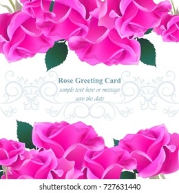 Wedding Invitation Card vector. Roses and lavender flowers. Fuchsia pink color