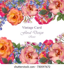 Wedding Invitation Card vector. Roses and lavender flowers. Primrose pink color
