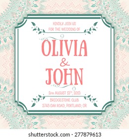 Wedding invitation card. Vector invitation card  with round floral ornaments on the background and elegant frame with text. 