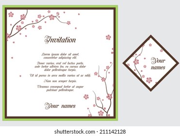 Wedding invitation card vector with sakura blossom. Wedding invitation mock up. Japanese style wedding invitation card. Spring wedding card with sakura blossom. Cherry blossom wedding invitation. 