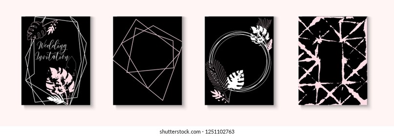 Wedding Invitation Card Vector Set on Black. Minimal Textured Border, Cover, Poster, Gift, Certificate, Frame Design. Luxury Business Cover Simple Collection. Wedding Invitation Card Poster