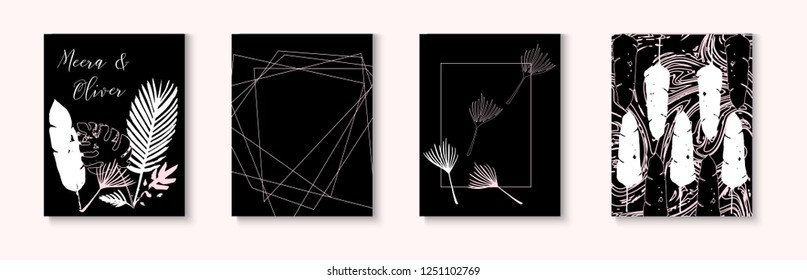 Wedding Invitation Card Vector Set on Black. Minimal Textured Cover, Menu, Poster, Frame, Certificate, Gift Design. Funky Business Cover Simple Collection. Wedding Invitation Card Poster