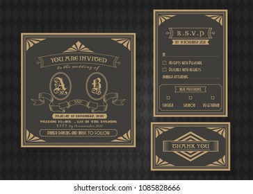 Conjunto de plantillas vectoriales de tarjeta de invitación de matrimonio, estilo retro.