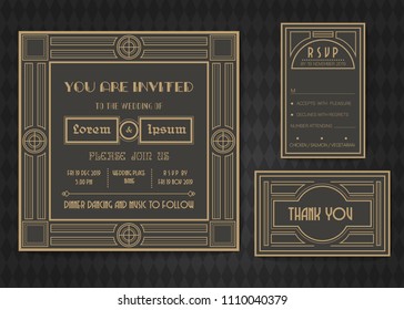 Wedding invitation card vector template set. Art deco style.