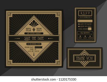 Wedding invitation card vector template set. Art deco style invitation card .