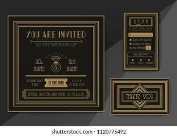 Wedding invitation card vector template set. Art deco style invitation card .