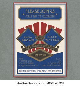 Wedding invitation card vector template. Art deco and retro style.