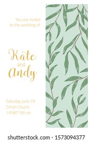 Wedding invitation card vector template. Rustic style newlyweds names and wedding details. Eucalyptus tree branches and leaves with greenery design element. Floral invitation card for wedding ceremony