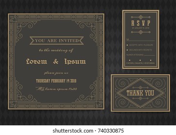 Wedding invitation card vector template set. Art deco style.