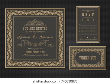 Wedding invitation card vector template set. Art deco style.