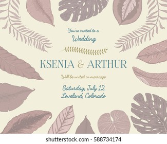 wedding invitation card, vintage engraved template for marriage, tropical leaves background groom and bride, hand drawn plants.
