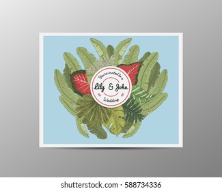 wedding invitation card, vintage engraved template for marriage, tropical leaves background groom and bride, hand drawn plants.