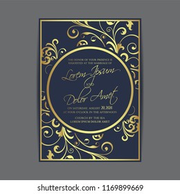 Wedding invitation card with vintage floral background and elements. Vector illustration.