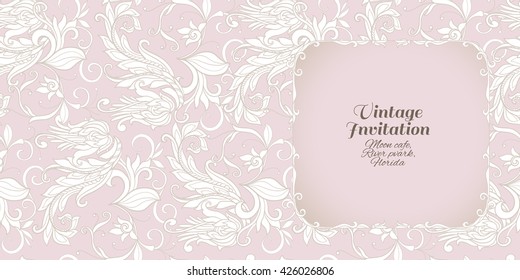 Wedding invitation card with vintage floral pattern. Vector illustration.