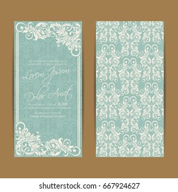 Wedding invitation card with vintage floral background and elements. Vector illustration.