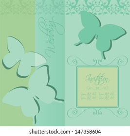 Wedding invitation card with vintage frame and butterflies