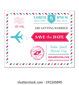 Wedding Invitation Card - Vintage Postcard Airmail Theme - in vector