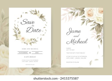 Wedding invitation card Vintage white roses. Set card template.