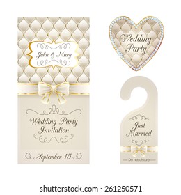 Wedding invitation card, warning hanger and heart label badge. Beige and golden design template set. Quilted texture, diamonds and metal.