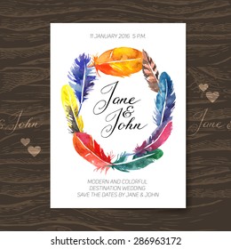 Wedding invitation card with watercolor feathers. Boho design. Vector illustration