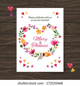 Wedding invitation card with watercolor floral bouquet. Vector background