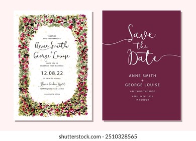 wedding invitation card with watercolor floral garden frame