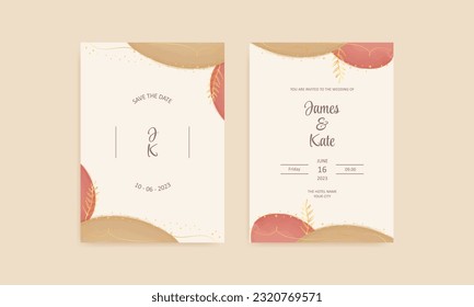 wedding invitation card with watercolor and gold leaves