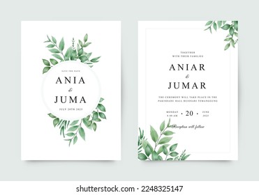 wedding invitation card with watercolor green leaves